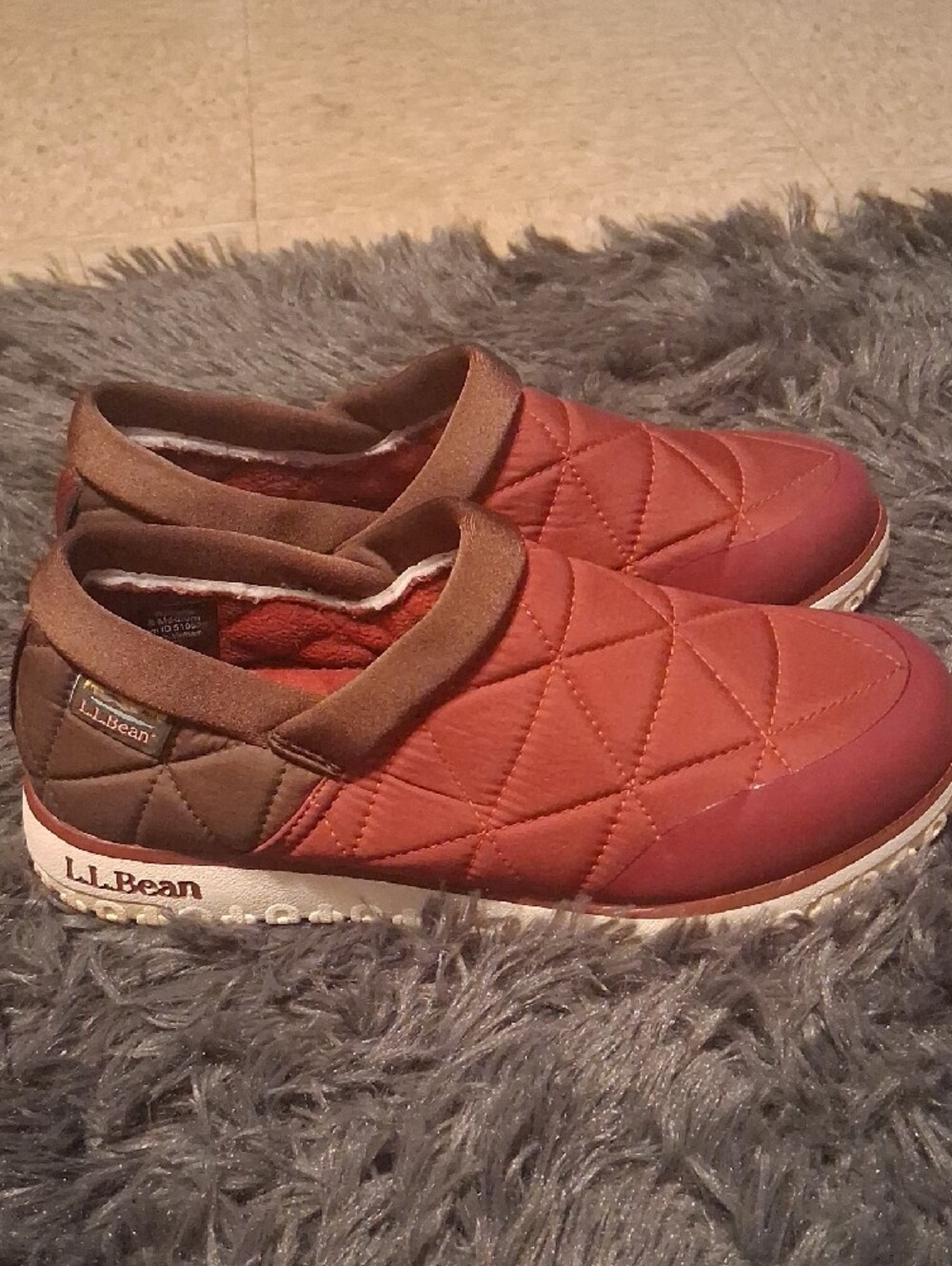 L.L. Bean Quilted Slip-On Shoes in Burgundy with Brown Trim - Picture 3 of 8